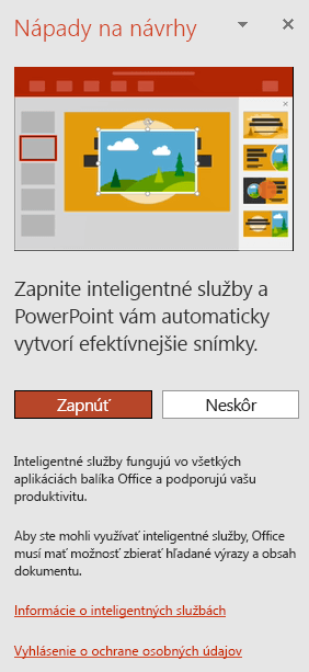 Zobrazenie počiatočnej správy pri spustení služby PowerPoint Designer