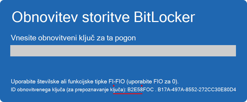 Posnetek zaslona za obnovitev funkcije BitLocker, ki označuje ID ključa.