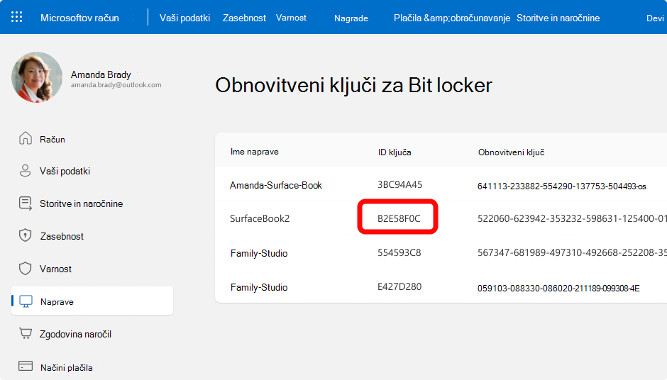 Posnetek zaslona obnovitvenih ključev za BitLocker za Microsoftov račun.