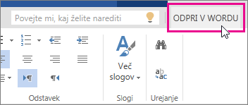 Ukaz »Odpri v Wordu« v pogledu za urejanje programa Word Online