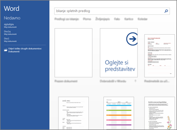 Začetni zaslon v Wordu