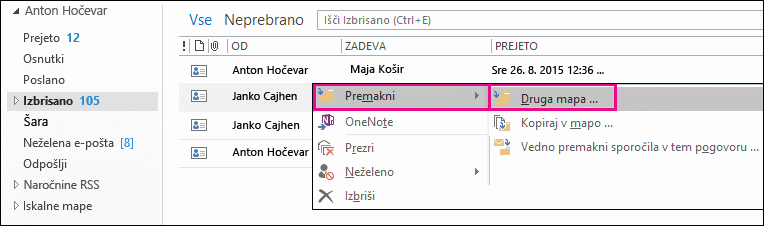 Kliknite »Premakni« in nato še »Druga mapa«.