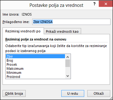 Dijalog „Postavke polja za vrednost“ programa Excel za stavku „Rezimiraj vrednosti po opcijama“