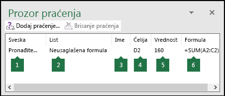 Prozor za praćenje omogućava da lako nadgledate formule koje se koriste u radnom listu