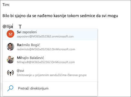 @pominjanja u aplikaciji Outlook na vebu