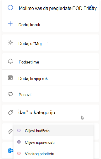 Kada se prikaže detalji o zadatku, izaberite stavku Odaberite kategoriju da biste dodelili kategoriju koju ste već kreirali u programu Outlook.