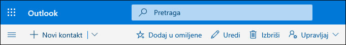 Snimak ekrana prikazuje opcije koje su dostupne na komandnoj traci „Osobe“, uključujući „Novi kontakt“, „Uredi“, „Izbriši“, „Dodaj u omiljene lokacije“ i „Upravljaj“.