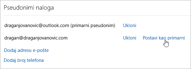 Snimak ekrana dugmeta „Postavi za primarni“.