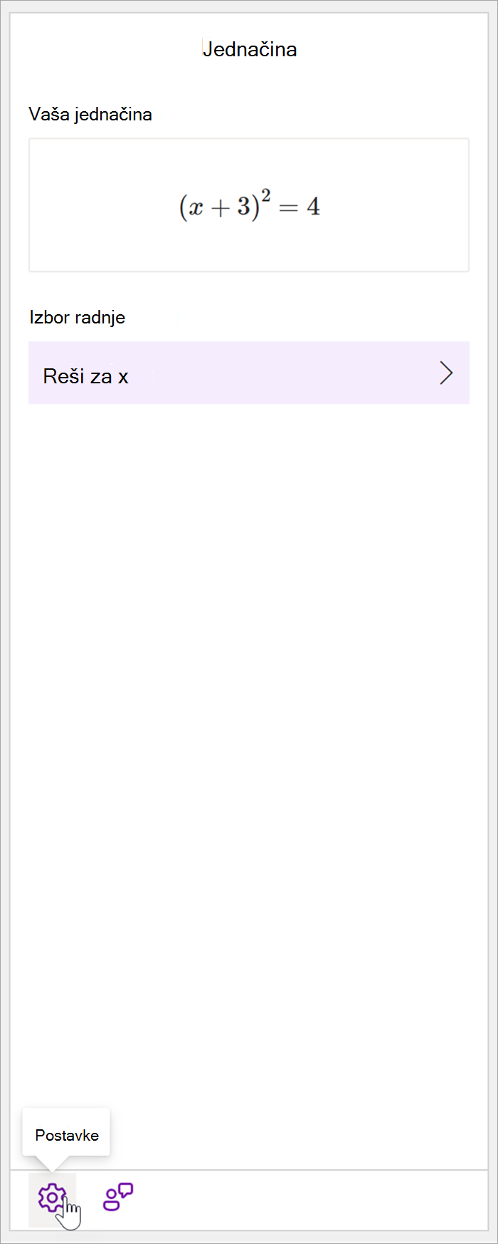 snimak ekrana okna matematičkih izraza programa Onenote za računare sa jednačinom (x+3)^2=4. U odeljku Izbor radnje jedina dostupna radnja je Solve fore x.