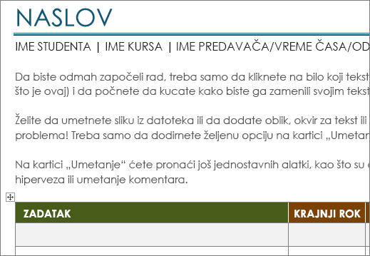 Novi predložak liste projektnih zadataka sa najmanjim fontom od 11 tačaka.