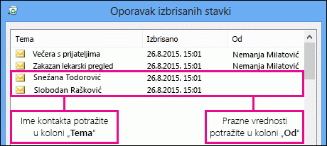 Sortiranje po koloni „Tema“ ili „Od“ radi pronalaženja kontakata