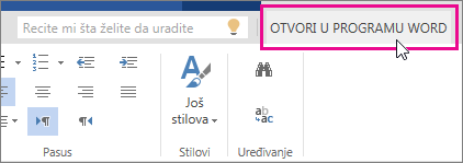 Stavka „Otvori u programu Word“ iz prikaza za uređivanje u usluzi Word Online