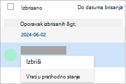 Snimak ekrana izbrisanog kontakta i izbor stavke "Vrati u prethodno stanje" sa padajuće liste