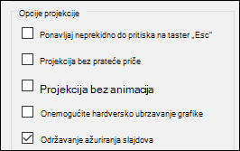 Grupa "Opcije projekcije" u okviru "Podešavanje projekcije slajdova" sa omogućenim ažuriranjem slajdova.