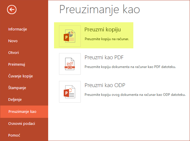Korišćenje opcije "Preuzmi kopiju" za čuvanje prezentacije na računaru