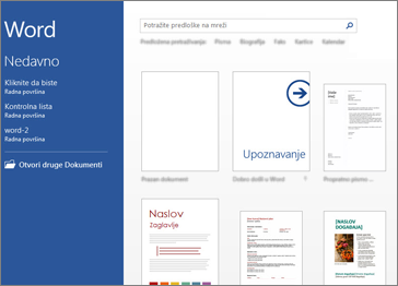 Početni ekran programa Word