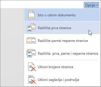 Meni „Opcije zaglavlja i podnožja“ u usluzi Word Online