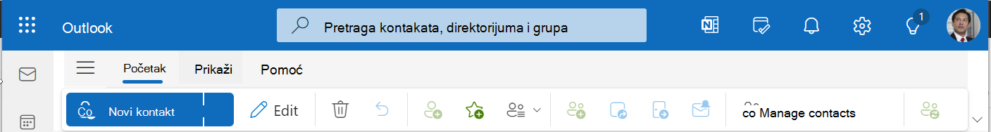 Možete da kreirate, uređujete ili brišete kontakte ili da odaberete druge opcije pomoću trake sa alatkama Osobe.