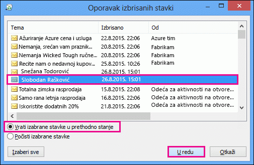 Izaberite kontakt da biste ga vratili i kliknite na dugme „U redu“