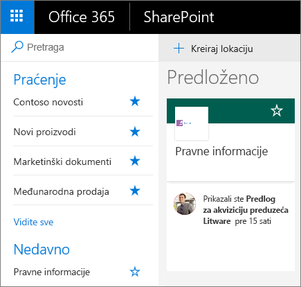 Snimak ekrana početne stranice SharePoint modernog režima.