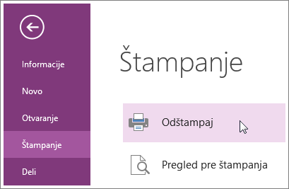 OneNote stranice možete da odštampate iz menija „Štampanje“