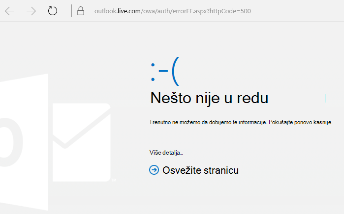 Outlook.com kôd greške 500 „Nešto nije u redu“