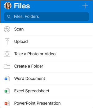 Snimak ekrana menija „Dodavanje“ u aplikaciji OneDrive za iOS