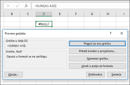 Premeštanje okvira „Proveravanje grešaka“ ispod trake sa formulama