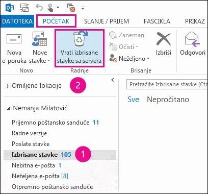 Izaberite fasciklu „Izbrisane stavke“ i izaberite stavku „Oporavi stavke sa servera“