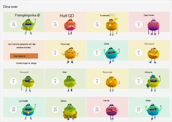 kalendervy av elever tidigare svar, en mängd olika känslor monster och deras namngivna känslor visas. för stängda svar visas en knapp vid hovring som gör att eleverna kan öka detaljnivån och se hur klasskamraterna har svarat.