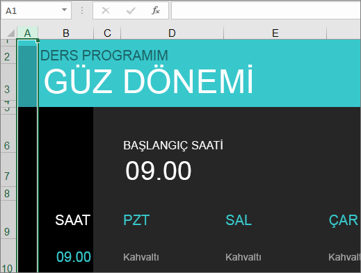 Öğelere yönelik açıklamalar içermeyen Eski Üniversite Ders Yöneticisi Excel şablonu.