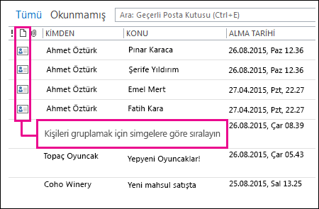 Silinmiş Öğeler klasöründeki kişileri gruplamak için kullanılan sıralama simgesi