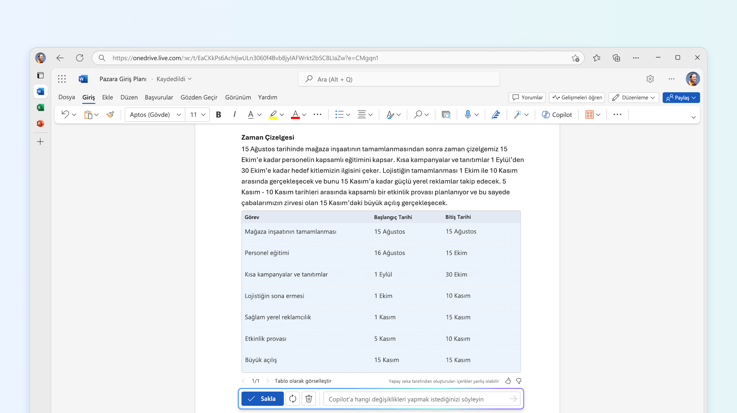 Word'de Copilot'taki metni tabloya dönüştürme özelliğinin ekran görüntüsü