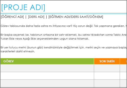 Yazı tipi boyutu en az 8,5 olan Eski Proje görev listesi şablonu.