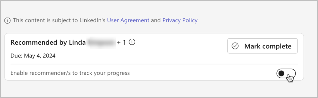 Знімок екрана в курсі, у якому можна ввімкнути перемикач, щоб дозволити рекомендаціям відстежувати ваші досягнення в цьому курсі.