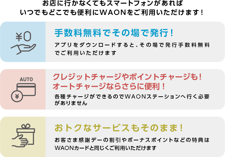 お店に行かなくてもスマートフォンがあれば、いつでもどこでも便利にWAONをご利用いただけます！[手数料無料でその場で発行！]アプリをダウンロードすると、その場で発行手数料無料でご利用いただけます[クレジットチャージやポイントチャージも！オートチャージならさらに便利！]各種チャージができるのでWAONステーションへ行く必要がありません[おトクなサービスもそのまま]お客さま感謝デーの割引やボーナスポイントなどの特典はWAONカードと同じくご利用いただけます