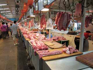 Foto, materiell, befreit, Landschaft, Bild, hat Foto auf Lager,Ein östlicher Randmarkt, Geschäft, Markt, Metzgerei, Schweinefleisch