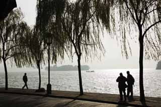 Foto, materiell, befreit, Landschaft, Bild, hat Foto auf Lager,Xi-hu-See, Eine Insel, Silhouette, Oberfläche eines Sees, Schiff