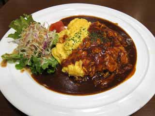 Foto, materiell, befreit, Landschaft, Bild, hat Foto auf Lager,Ein Omelette mit Reis, Ein Ei, Demi-glacierte Soße, Hühnchen pilaff, Salat