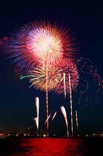 Foto, materiell, befreit, Landschaft, Bild, hat Foto auf Lager,Tokyo Bucht großartiges Feuerwerk, Feuerwerk, Nacht, Abschuss, Ein-Fußfeuerwerkball