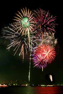 Foto, materiell, befreit, Landschaft, Bild, hat Foto auf Lager,Tokyo Bucht großartiges Feuerwerk, Feuerwerk, Nacht, Abschuss, Ein-Fußfeuerwerkball