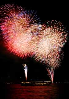 Foto, materiell, befreit, Landschaft, Bild, hat Foto auf Lager,Tokyo Bucht großartiges Feuerwerk, Feuerwerk, Nacht, Abschuss, Ein-Fußfeuerwerkball