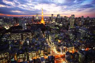 Foto, materiell, befreit, Landschaft, Bild, hat Foto auf Lager,Tokyo Nacht Sicht, Gebäude, Das Stadtzentrumsgebiet, Tokyo-Turm, Sonnenuntergang