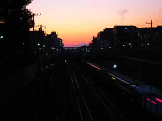 Foto, materiell, befreit, Landschaft, Bild, hat Foto auf Lager,Fuji und die Shinkansen bei Dämmerung, , , , 