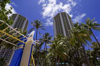 Foto, materiell, befreit, Landschaft, Bild, hat Foto auf Lager,Waikiki-Hotel, Strand, Surfboard, blauer Himmel, Gebäude