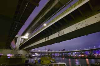 Foto, materiell, befreit, Landschaft, Bild, hat Foto auf Lager,Die Nacht einer Schlingenbrücke, Der Strand, Brücke, Straßenlaterne, Schiff