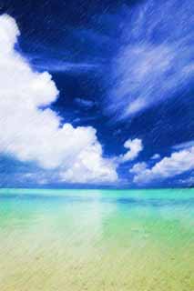 illust, materiell, befreit, Landschaft, Bild, Gemälde, Farbbleistift, Wachsmalstift, Zeichnung,,Ein südlicher Landstrand, sandiger Strand, blauer Himmel, Strand, Wolke