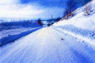 illust, materiell, befreit, Landschaft, Bild, Gemälde, Farbbleistift, Wachsmalstift, Zeichnung,,Eine schneebedeckte Straße gerade Linie, Eisige Straßen, blauer Himmel, schneebedecktes Feld, Es ist schneebedeckt