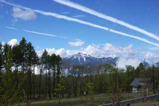 Foto, materiell, befreit, Landschaft, Bild, hat Foto auf Lager,Yatsugatake frühen Sommers, Yatsugatake, Die schneebedeckten Berge, Plateau, Die Villa lief auf Grund