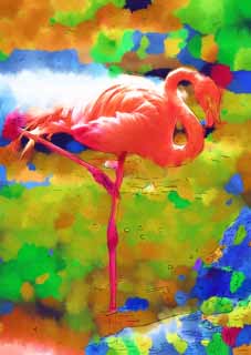 illust, materiell, befreit, Landschaft, Bild, Gemälde, Farbbleistift, Wachsmalstift, Zeichnung,,Ein Flamingo, , Flamingo, Rosa, 